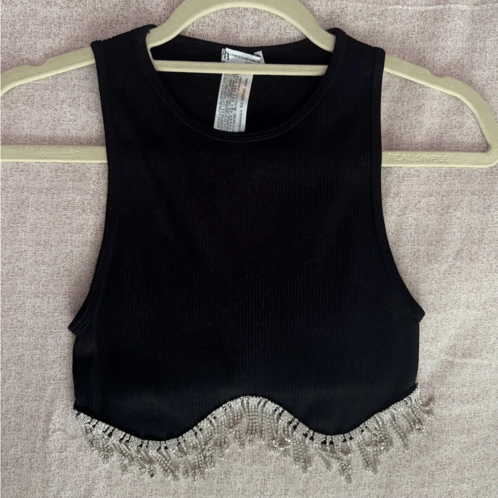 NWOT Zara Black Rhinestone Crop Top XS - Picture 3 of 5